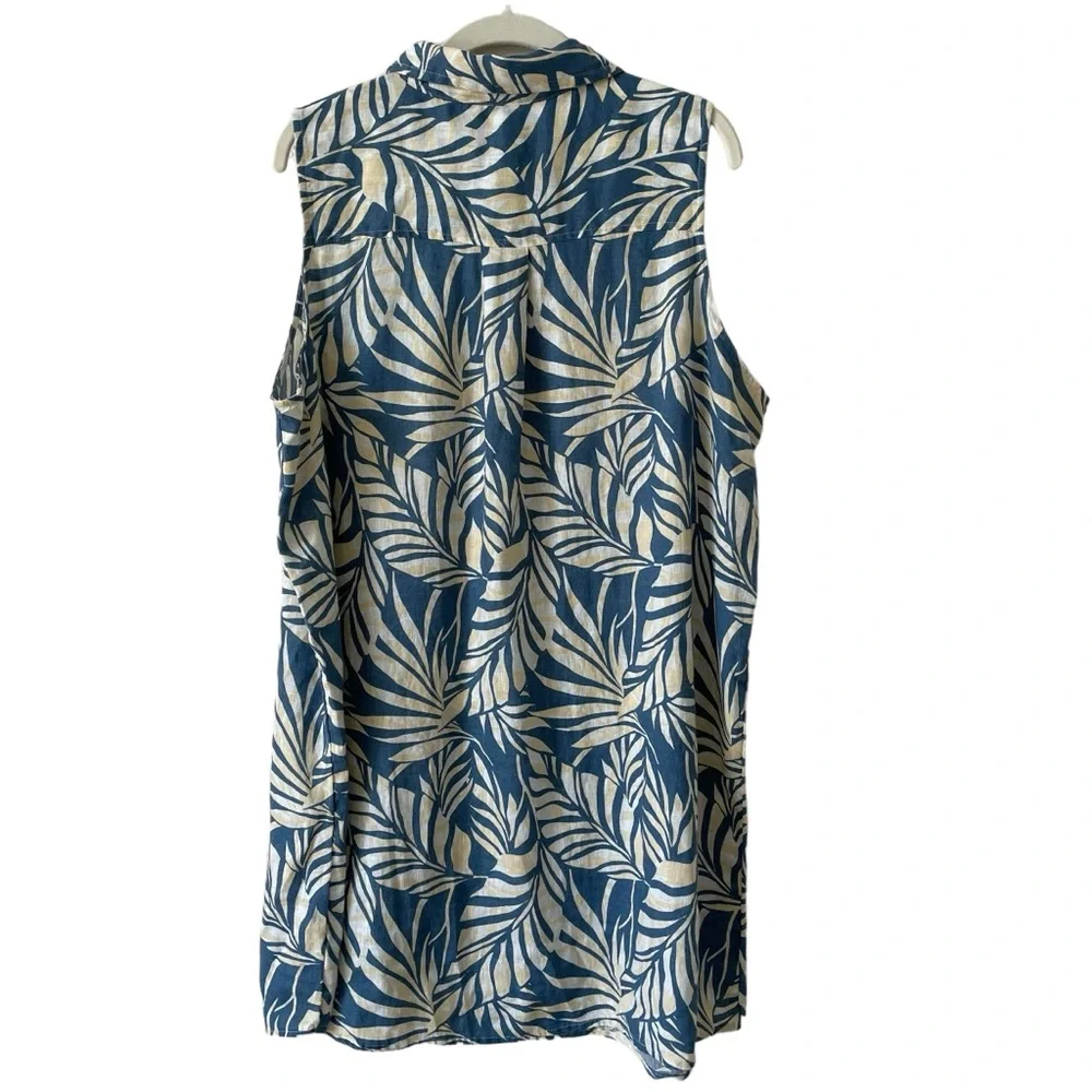 Tahari 100% Linen Blue Palm Print Tunic Top Size 1X Coastal Tropical Lagenlook